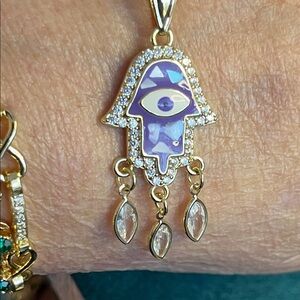 Purple Hamsa Hand Pendant with Gold Beaded Necklace 18”